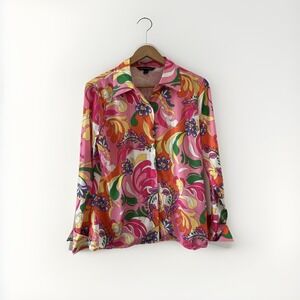 Boston Proper Womens 12 Pink Psychedelic Floral Button Down Shirt Blouse Stretch